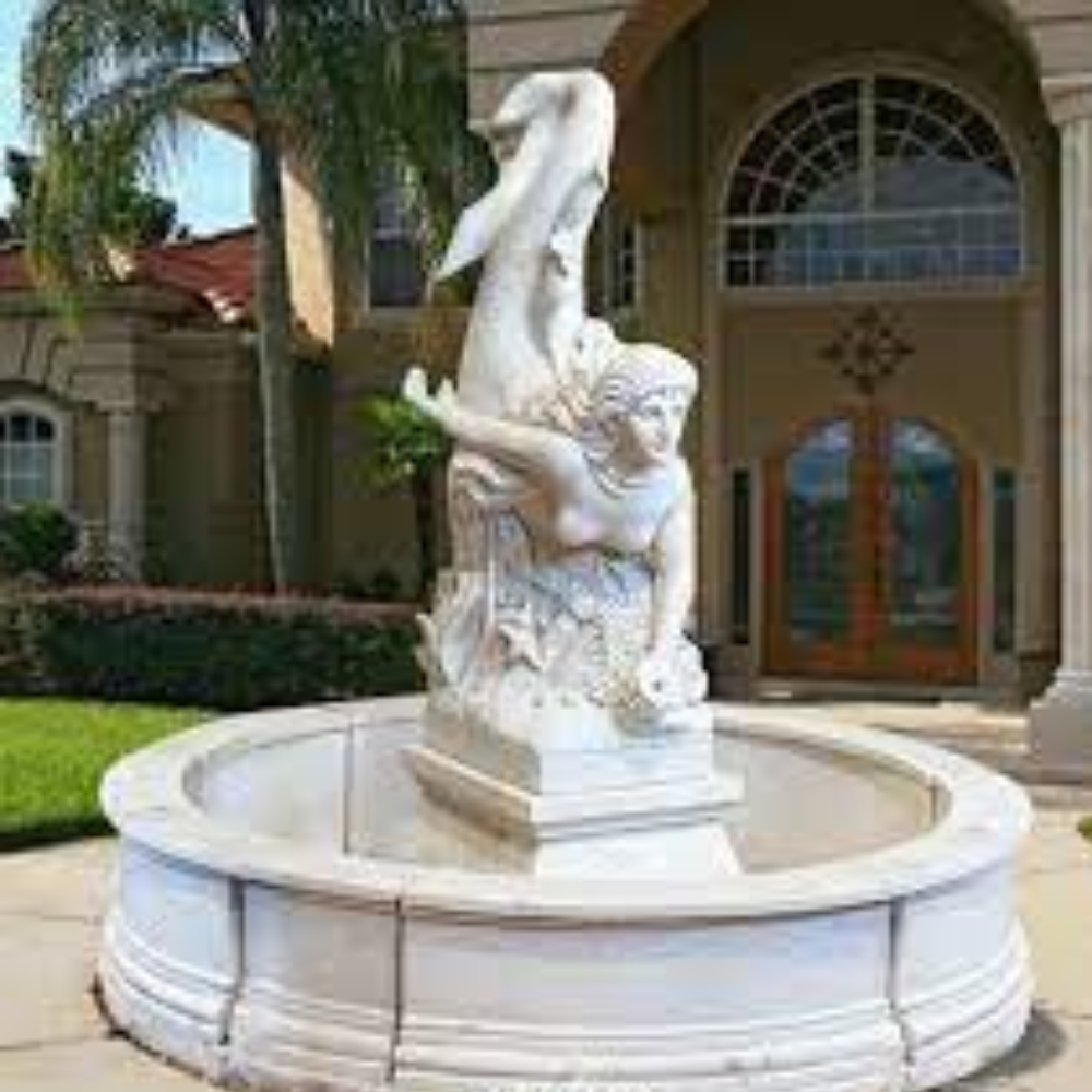 Statue Holding Marble Water Fountain - Color: White