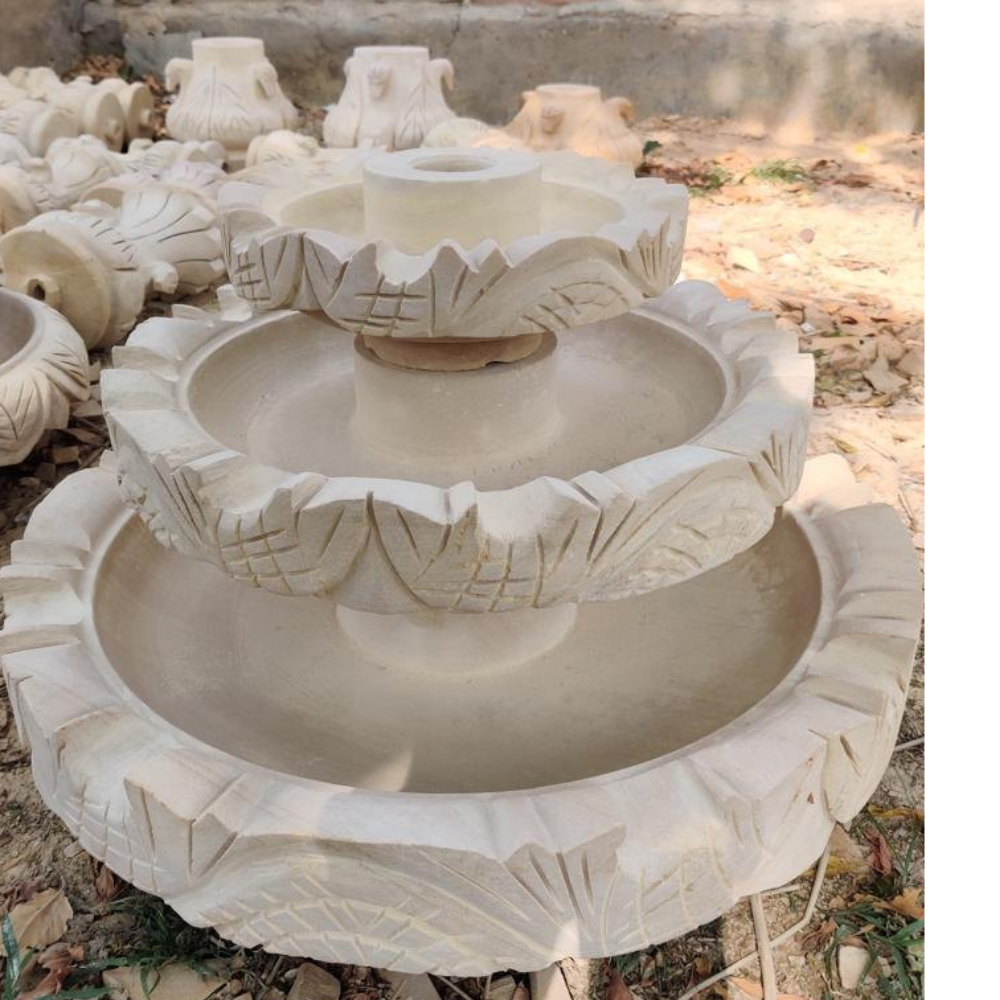 Teakwood Carving Sandstone Water Fountain - Color: Beige