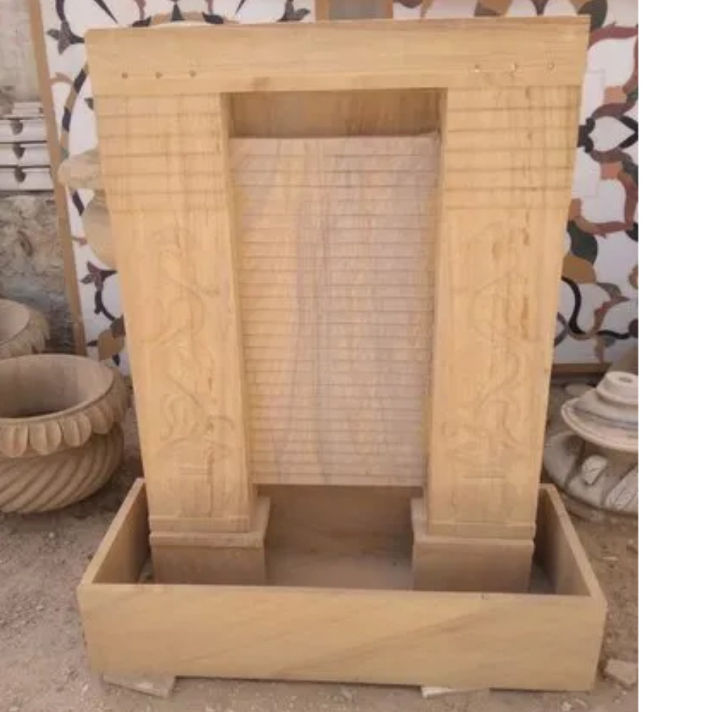 Teakwood Carving Sandstone Water Fountain - Color: Beige