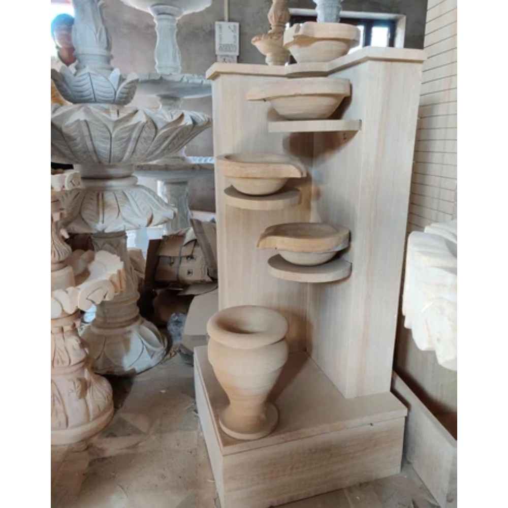 Teakwood Carving Sandstone Water Fountain - Color: Beige