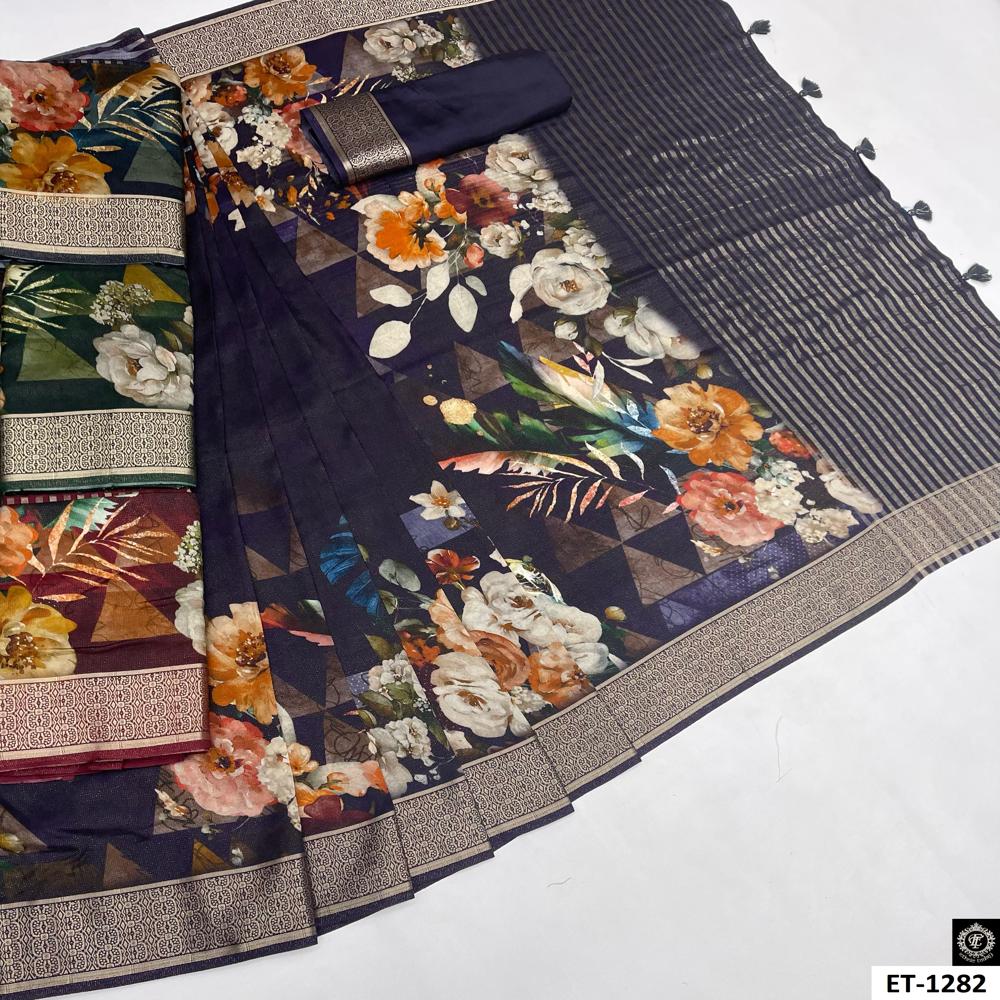 Floral Printed Striped Saree