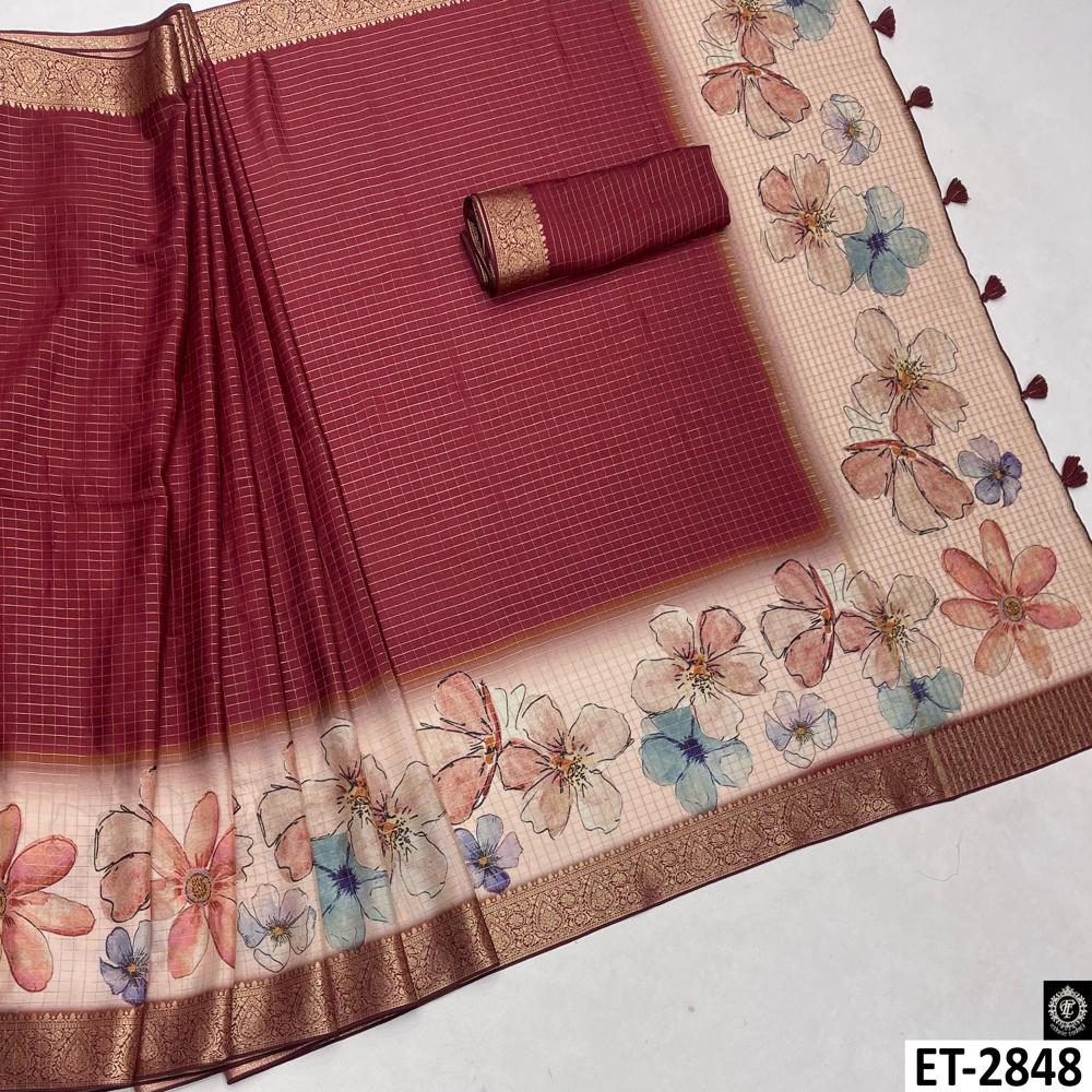 Red Golden Zari Border  saree