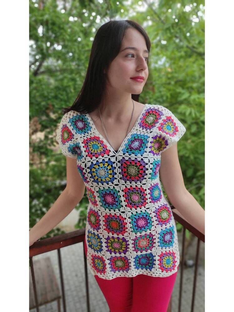Granny Square Handmade Crochet Crop Top For Women