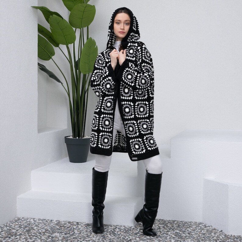 Beautiful Granny Square Crochet  Black Long Jacket For Women