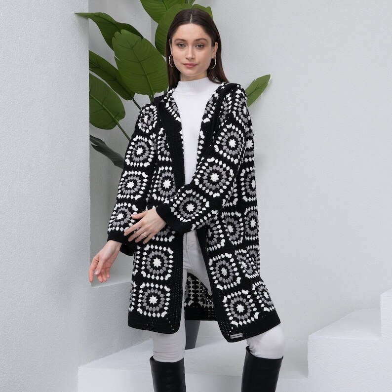Beautiful Granny Square Crochet  Black Long Jacket For Women
