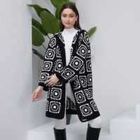 Beautiful Granny Square Crochet  Black Long Jacket For Women