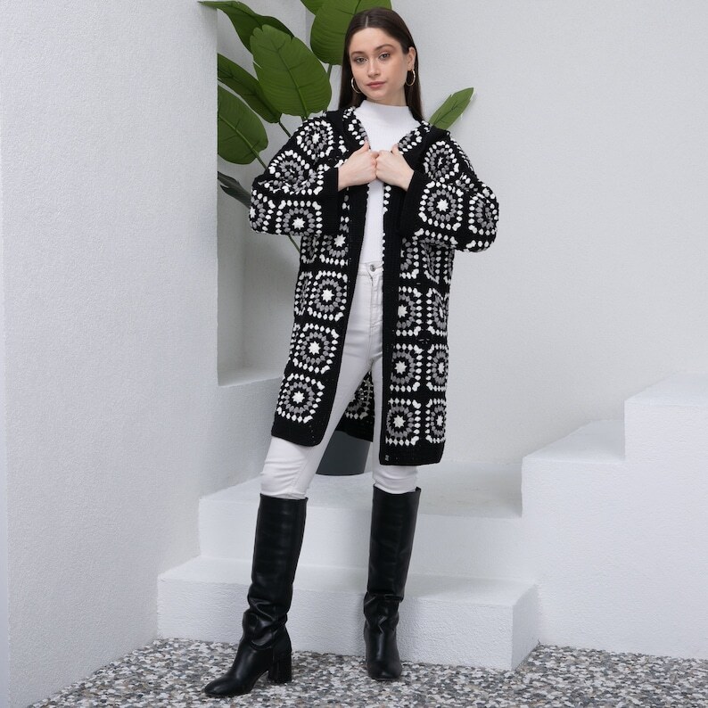 Beautiful Granny Square Crochet  Black Long Jacket For Women