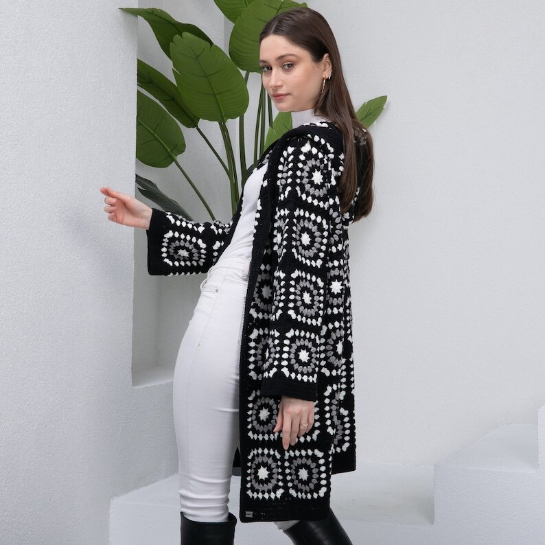 Beautiful Granny Square Crochet  Black Long Jacket For Women