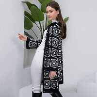 Beautiful Granny Square Crochet  Black Long Jacket For Women