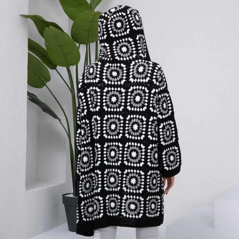 Beautiful Granny Square Crochet  Black Long Jacket For Women