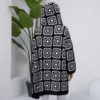 Beautiful Granny Square Crochet  Black Long Jacket For Women
