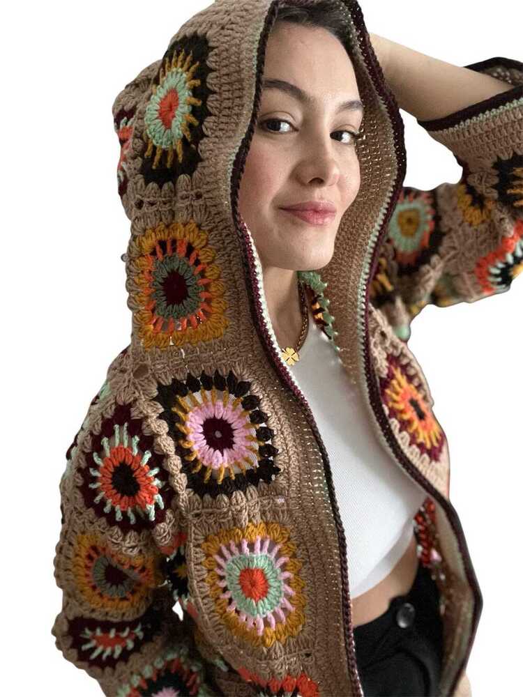 Beautiful Granny Square Beige Handmade Crochet Jacket For women