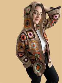 Beautiful Granny Square Beige Handmade Crochet Jacket For women
