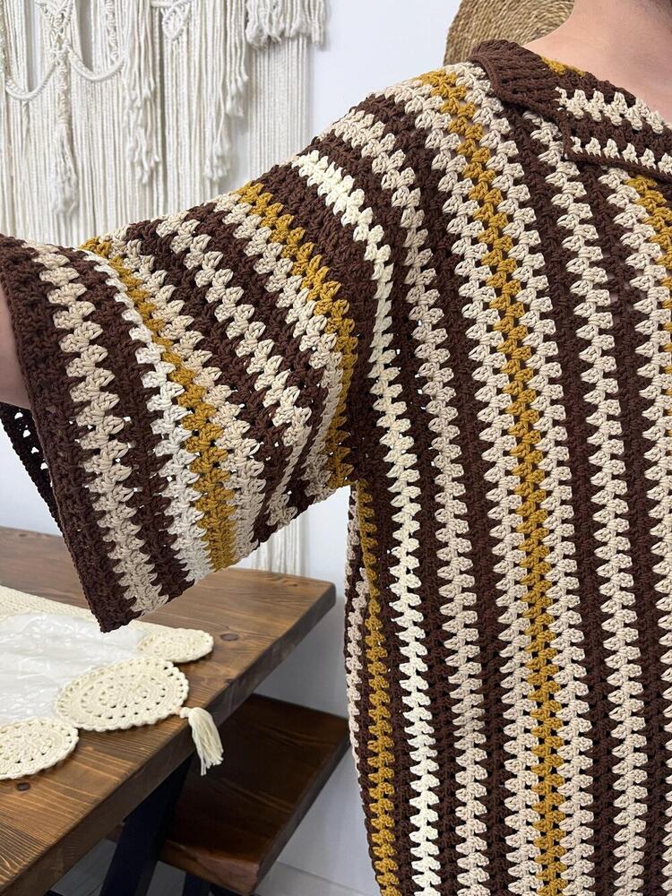 Granny Square Multicolour Handmade Crochet Tshirt For Men - Color: Brown