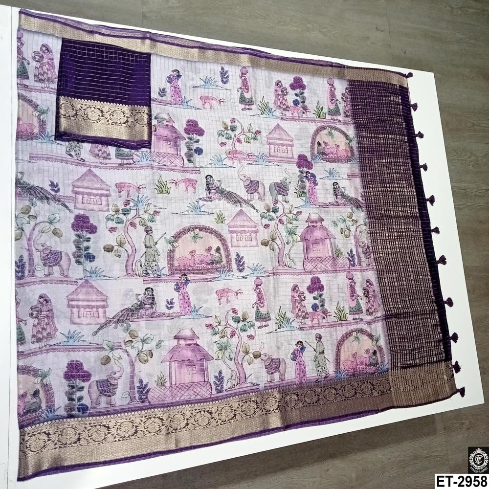 Village scene digital printed silk saree