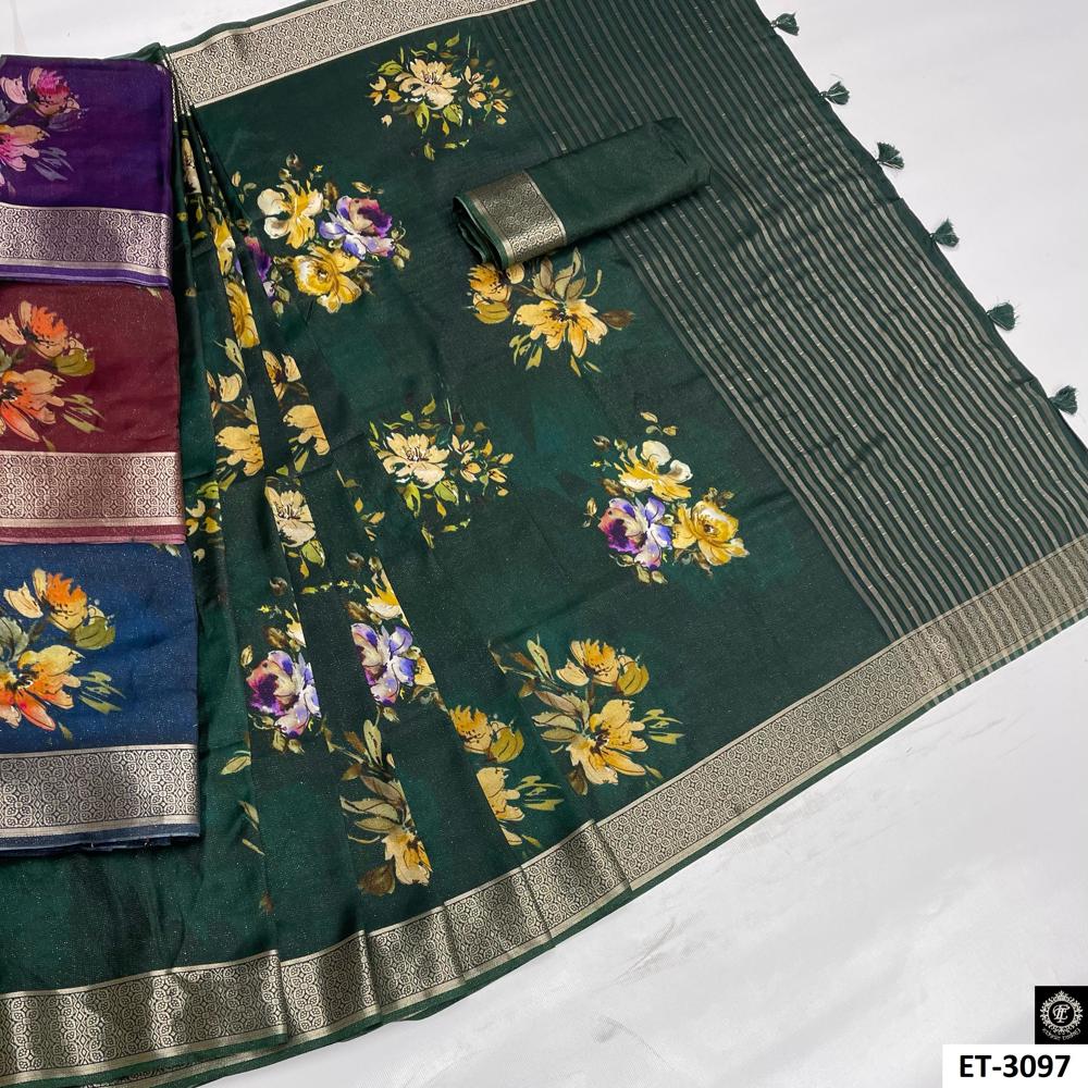 Dark Green  Floral Saree - Color: Gold/beige