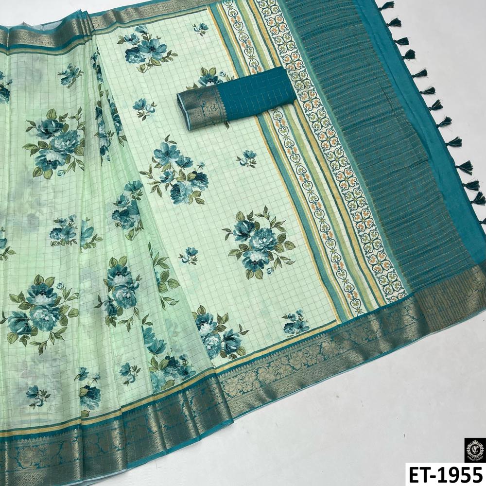  green floral digital printed saree