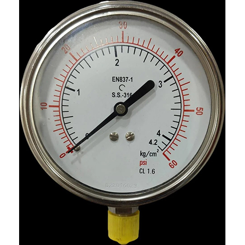 SS BRASS PRESSURE GAUGE - Stainless Steel, Standard Size, Silver Color | Polished Glass Dial, Steel Pointer, Measures Gas & Water