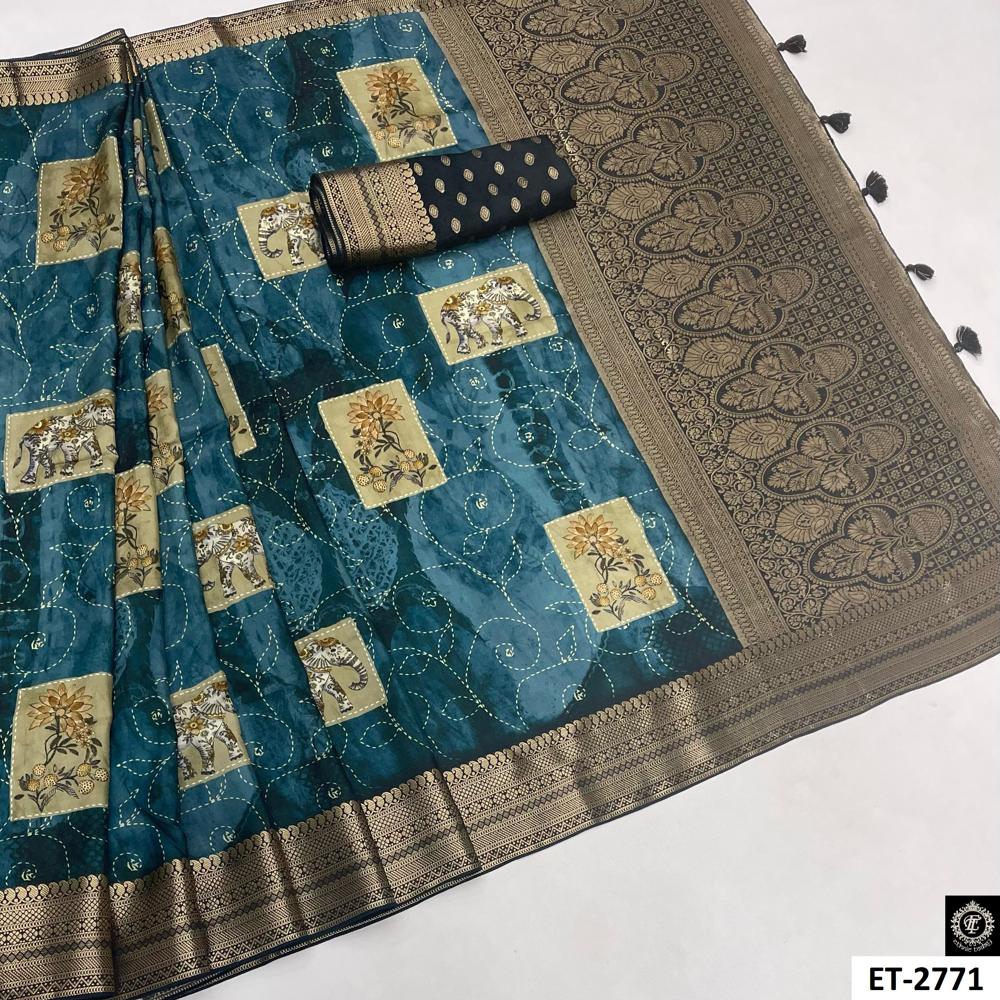 Elephant And Floral Blue Saree