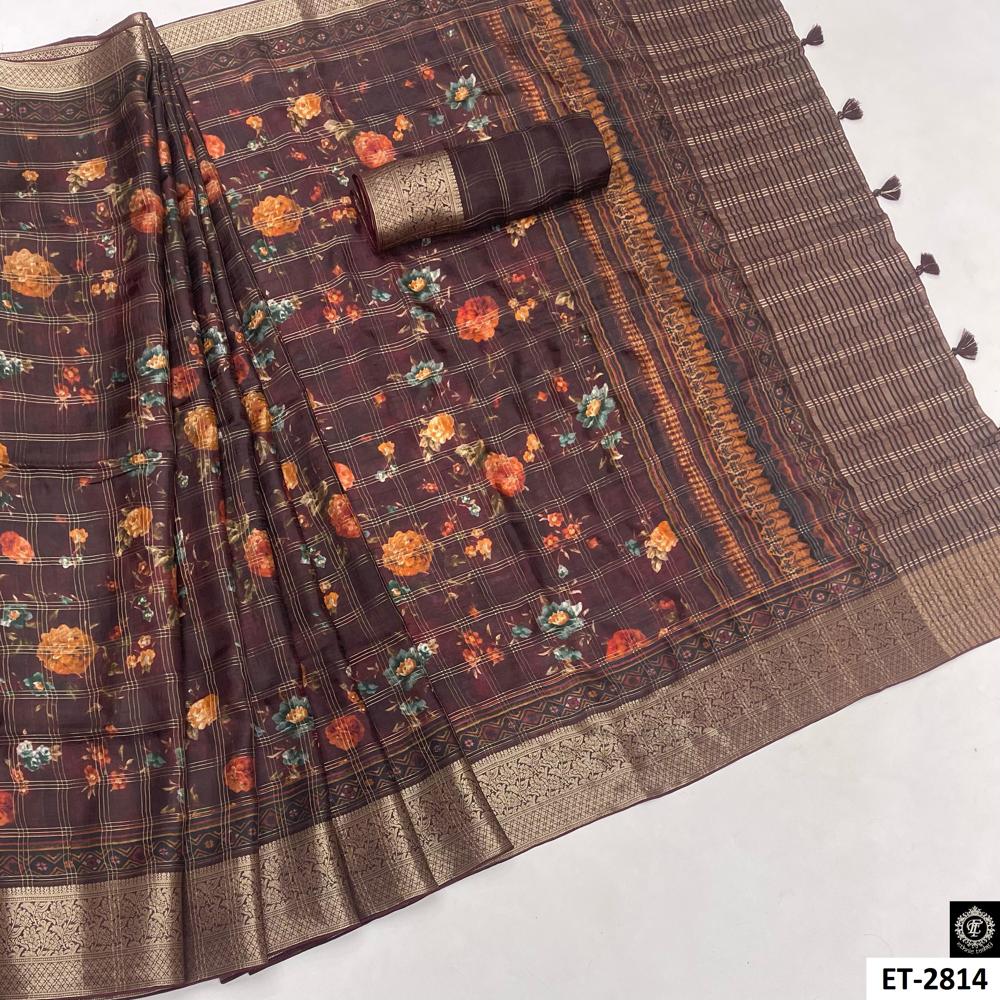 Brown Orange Floral Saree - Feature: Pure