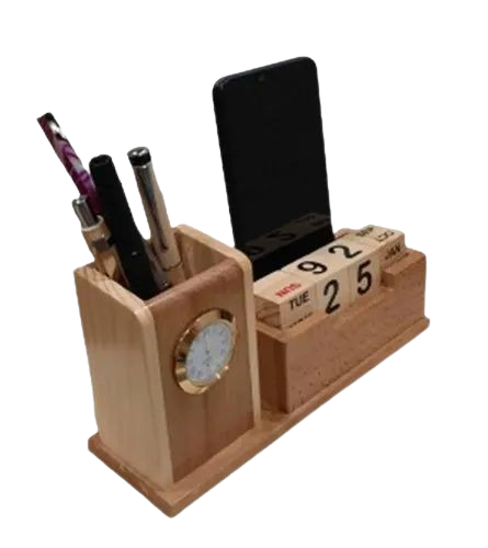 Wooden Calendar With Pen Stand And Clock - Color: Brown