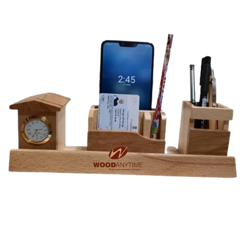 Wood Pen Holder With Clock - Color: Brown