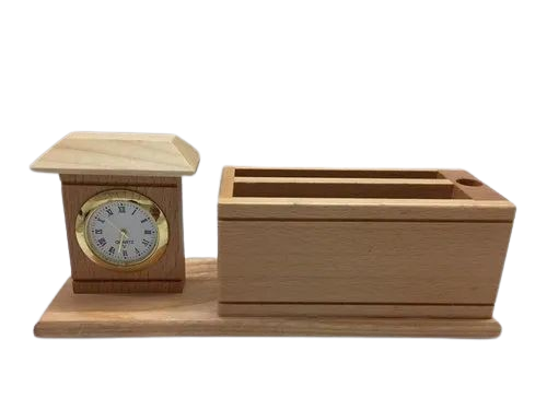 Wooden Pen Holder With Clock - Color: Brown