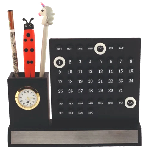 Wooden Calendar With Pen Stand And Clock