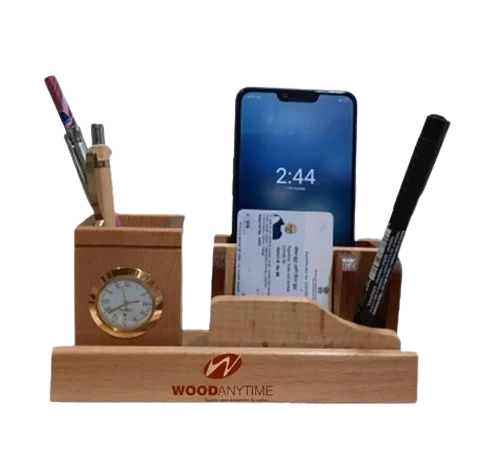 Desktop Wooden Pen Holder With Clock - Color: Brown