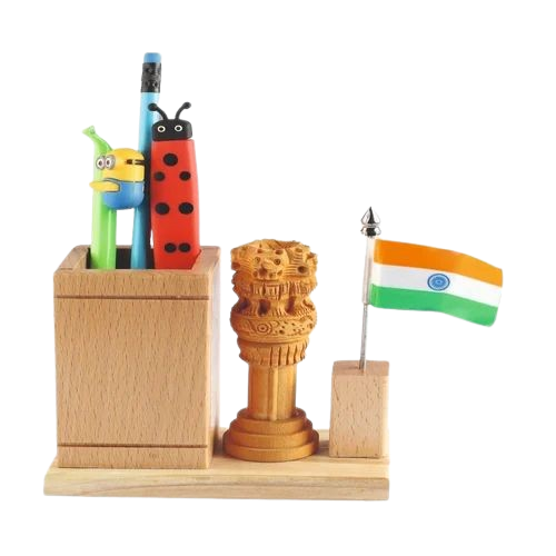 Wooden Pen Stand With Ashoka Pillar