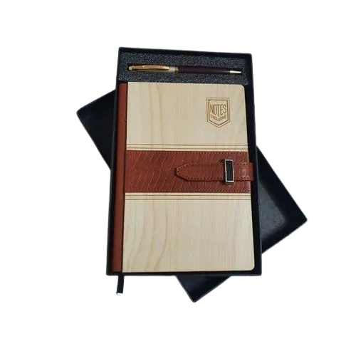 Wooden And Leather Diary With Pen - Color: Brown