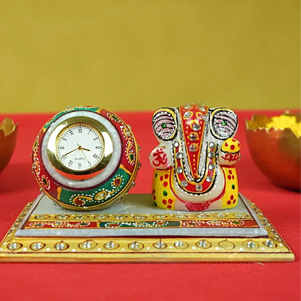 Marble Clock With Ganesh Ji Idol - Color: Multicolor