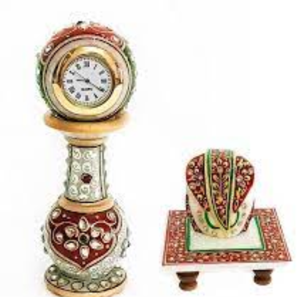 Marble Clock With Ganesh Ji Idol - Color: Multicolor