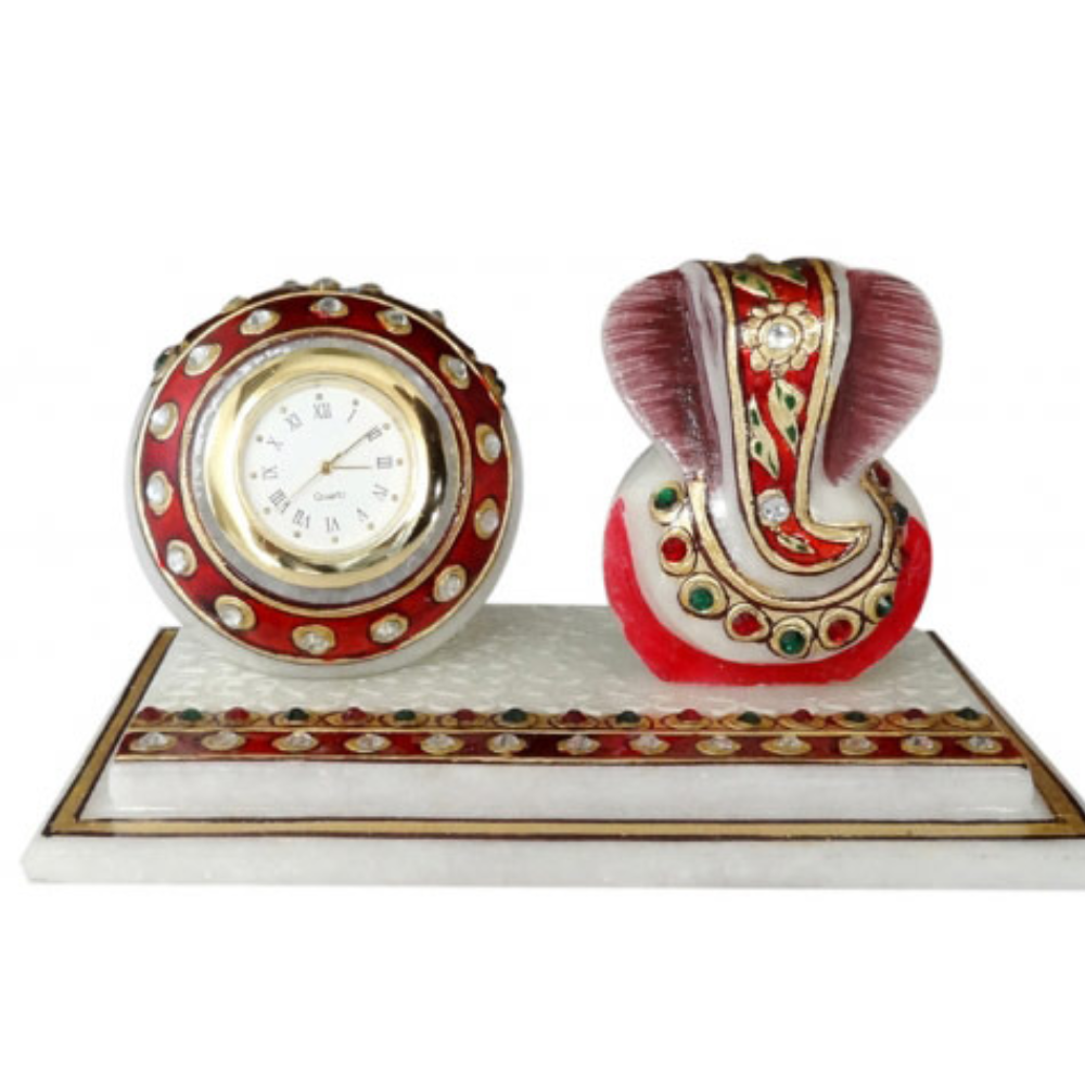 Marble Clock With Ganesh Ji Idol - Color: Multicolor