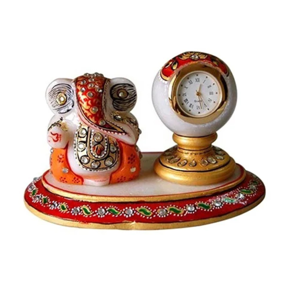 Marble Clock With Ganesh Ji Idol - Color: Multicolor