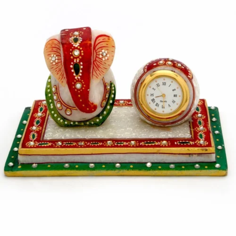 Marble Clock With Ganesh Ji Idol - Color: Multicolor
