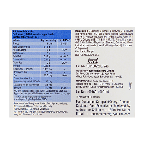 Zycafy Paternia Xt - Ingredients: L Carnitine L Tartrate (Levo Carnitine): 1