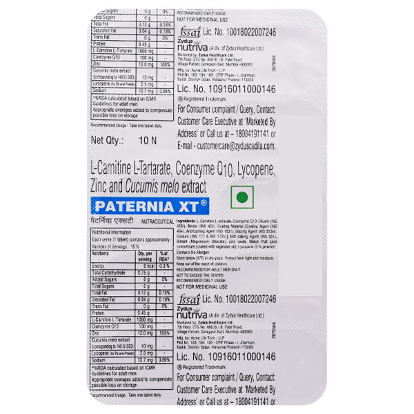 Paternia Xt - Ingredients: L Carnitine L Tartrate (Levo Carnitine): 1