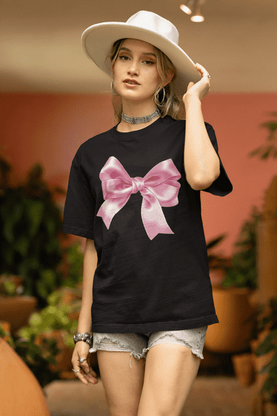 Pink Satin Bow Aesthetic T-Shirt - Color: Black