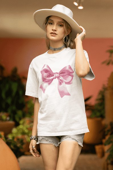 Chic Pink Bow T-Shirt - Color: White