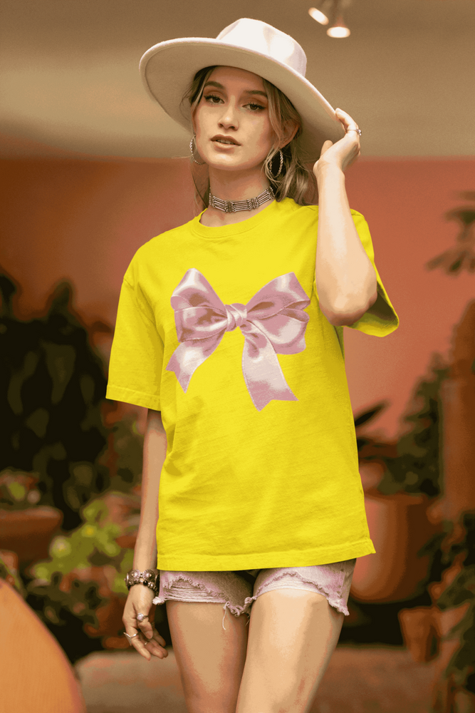 Bright Yellow T-Shirt With Pastel Pink Bow Print - Design: Premium