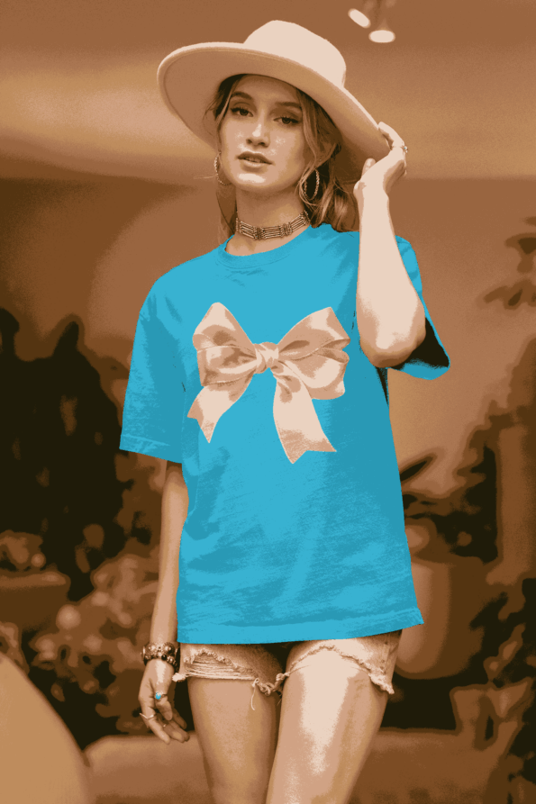 Boho Vibe Sky Blue T-Shirt With Pink Satin Bow Print - Feature: Washable