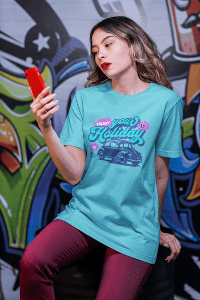 Enjoy Your Holiday Retro Car Graphic T-Shirt - Color: Sky Blue