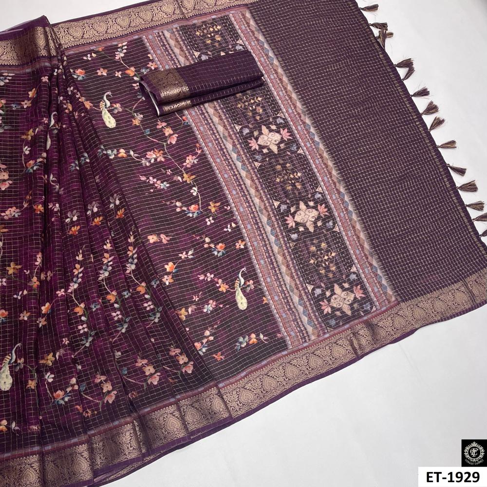 Copper-Gold Floral Grid Saree