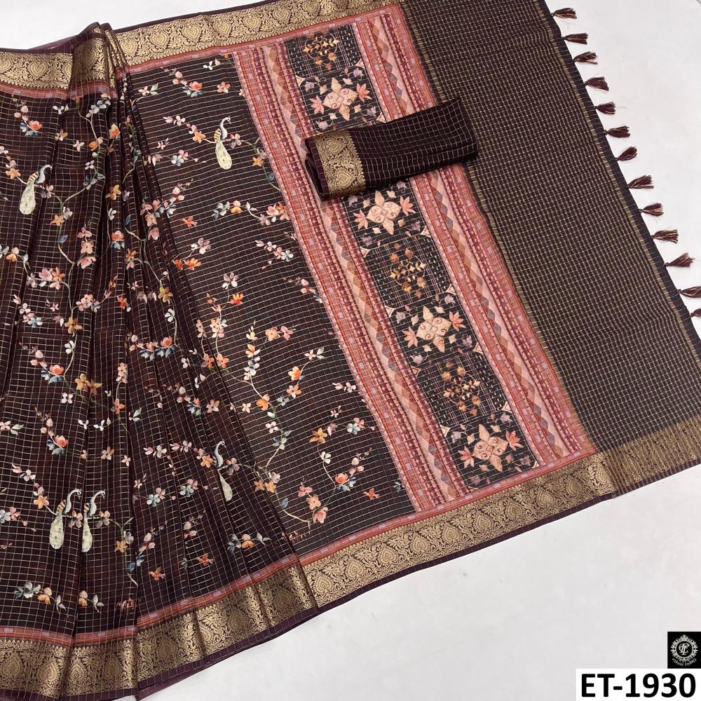 Floral and Peacock Checks Saree