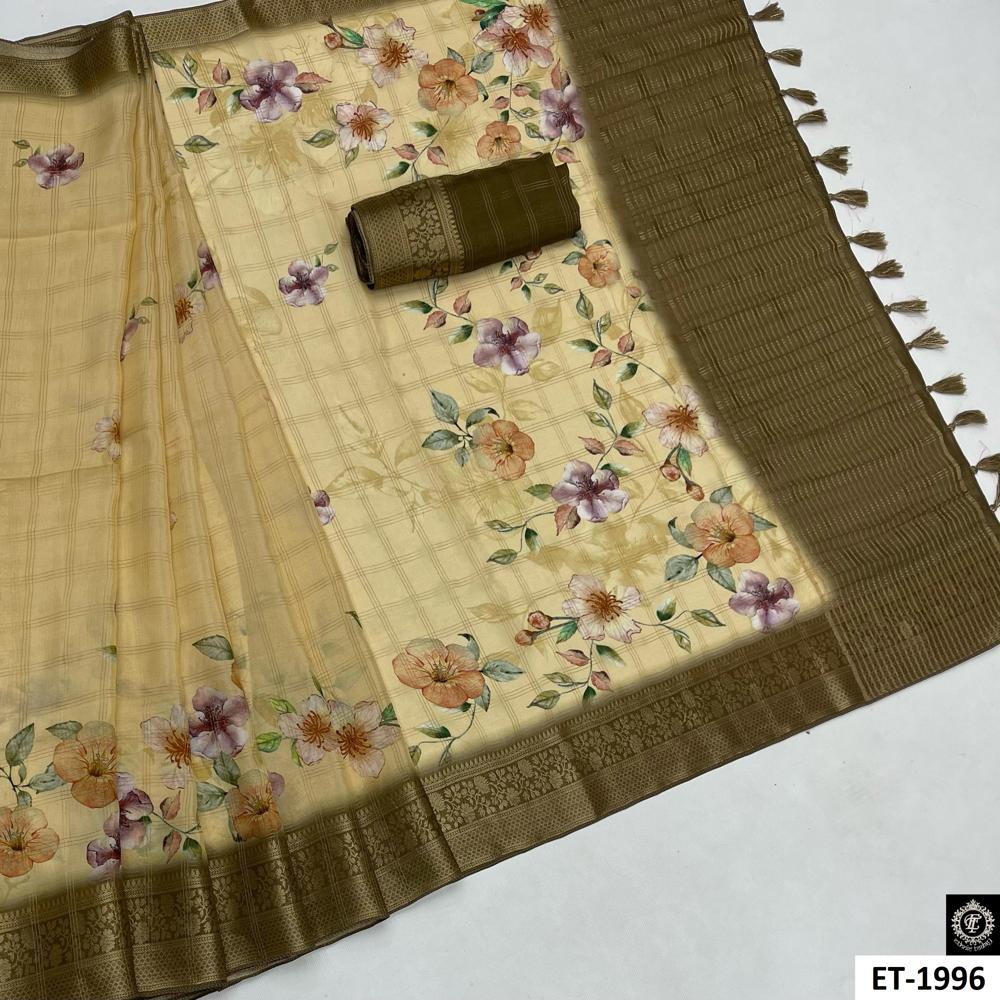Beige & Olive Floral Border Viscose Saree