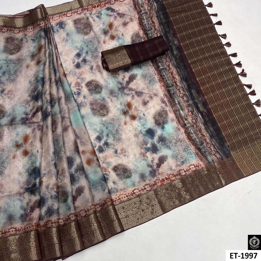 Lavender Grey Smoky Floral Abstract Viscose Saree