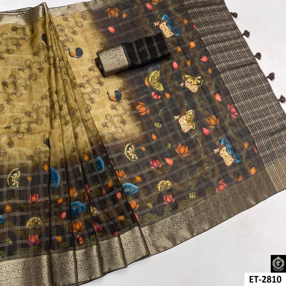 Artistic blend of florals, leaf swirls, and butterfly motifs Saree