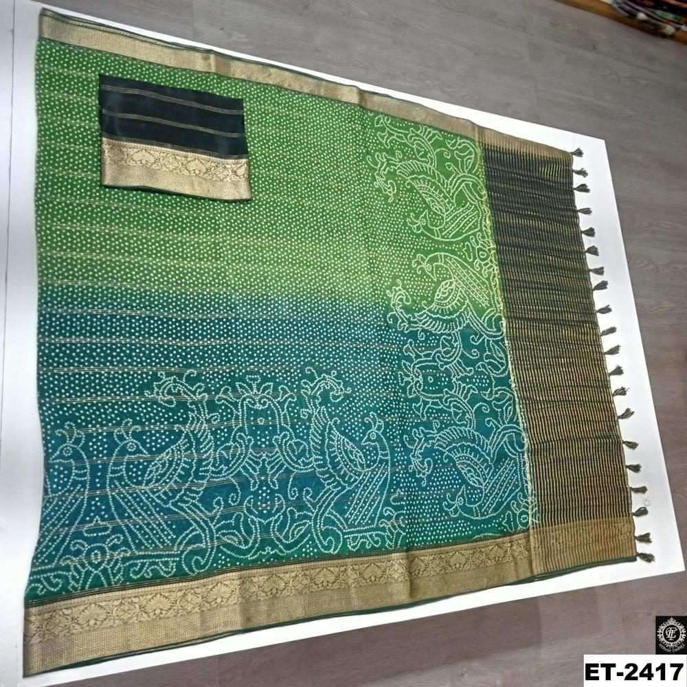 Green Bandhani Saree - Design: Zari Line