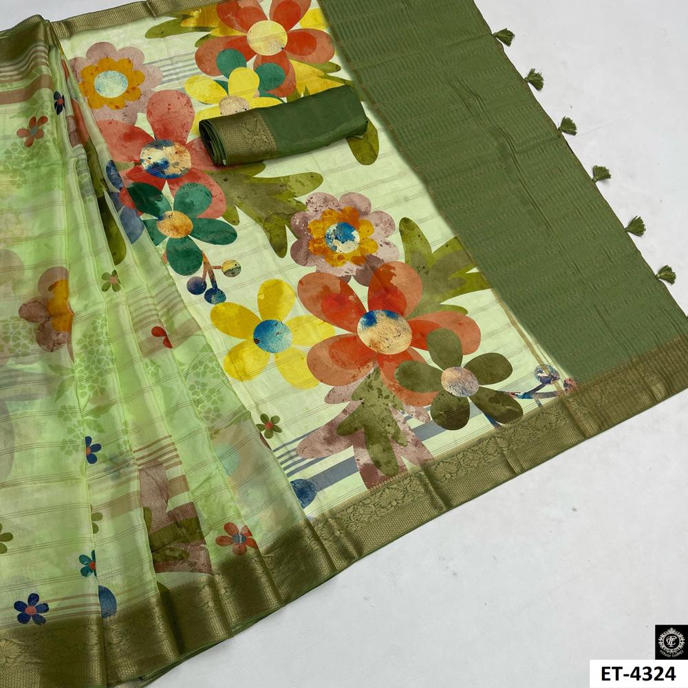 Light Green Floral Printed Viscose Saree With Zari Border - Design: Oversized Multicolor Stylized Flowers In Red